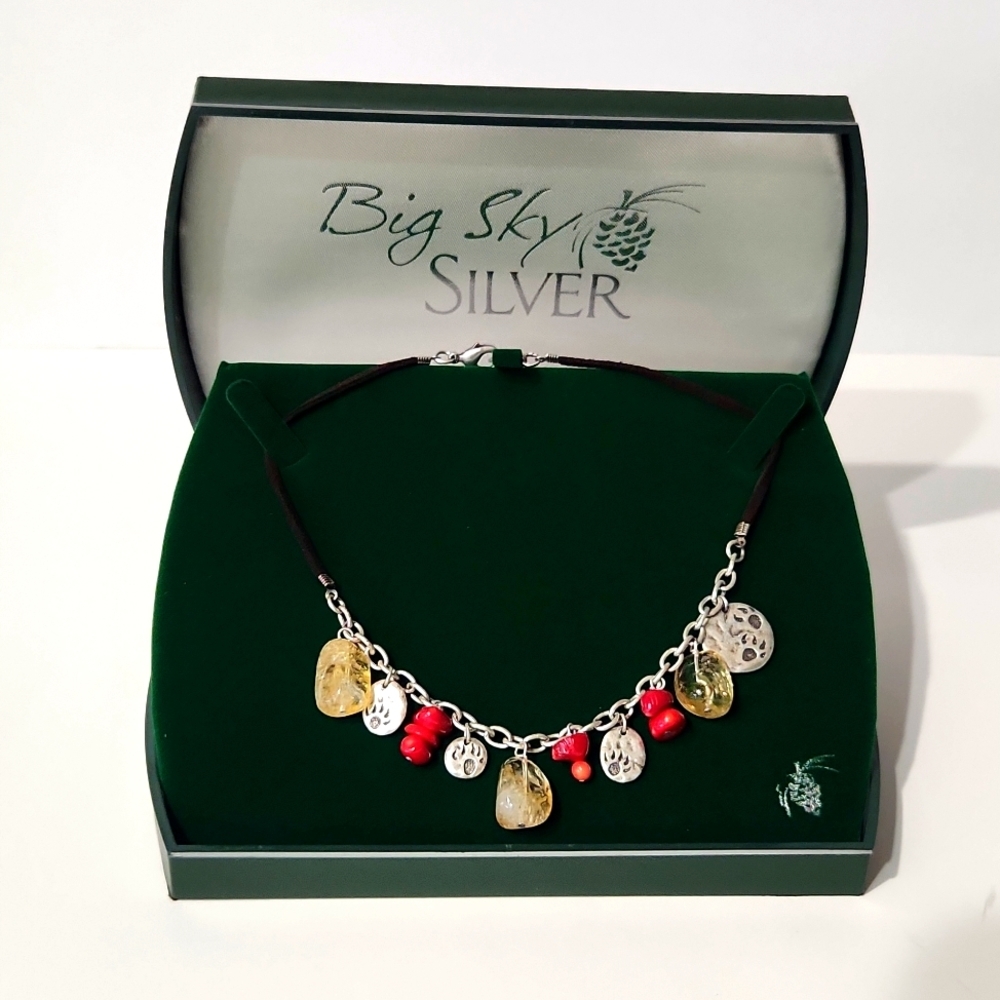 Big Sky Silver Tracks Charm Bear Prints Necklace Red Coral Citrine Rare! New!!
